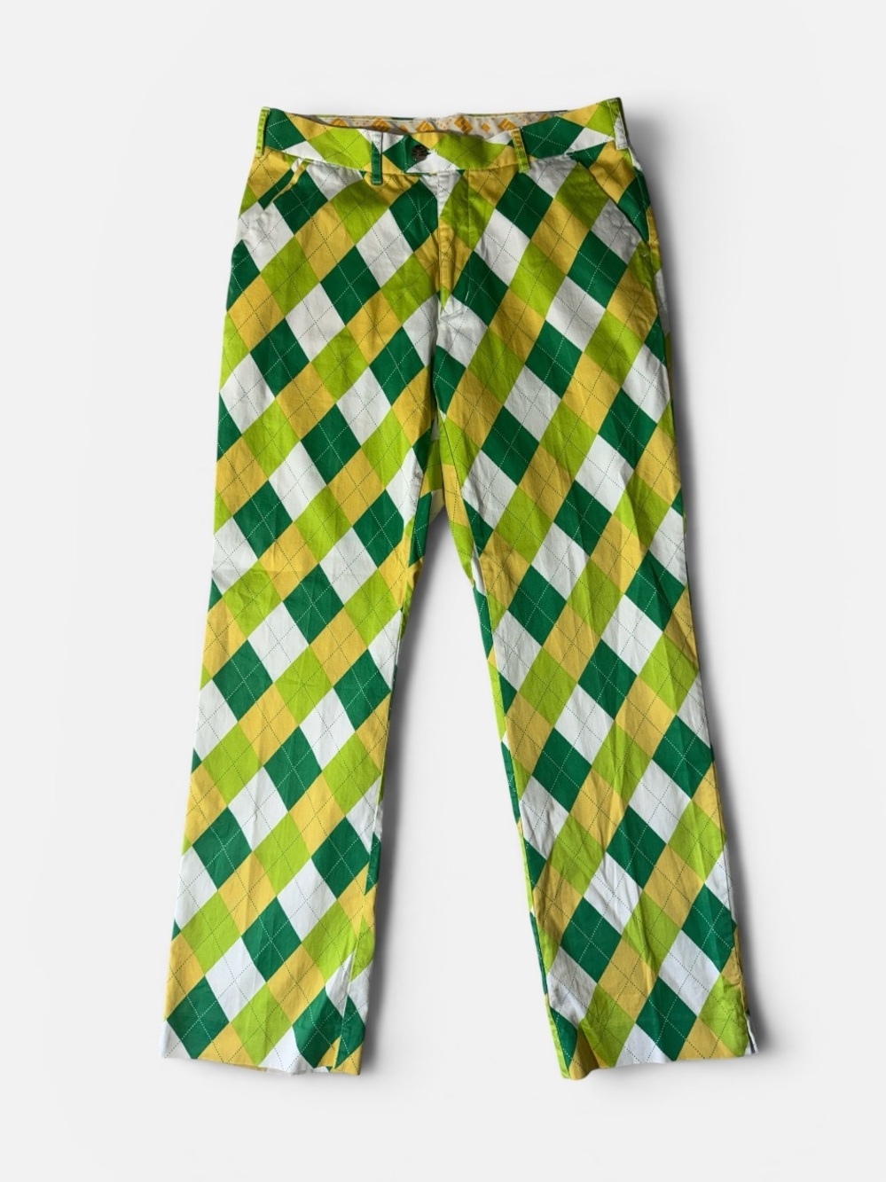 Loudmouth mens 34x33 yellow green argyle plaid cotton golf chino pants EUC